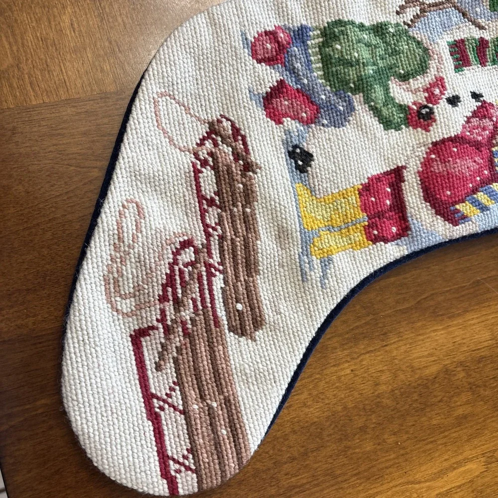 Snowman Children Winter‎ Yarn Needlepoint Christmas Stocking Blue Velvet